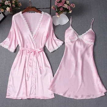 

Plus Size Sexy lingerie night dress Women's Casual Robe Dress 3/4 Sleeve Lace Patchwork Nightwear Sleepwear Set night dress