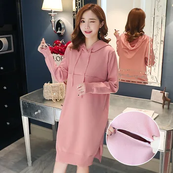 

Breastfeeding Dress Autumn Casual Loose Long-sleeved Hooded Pregnant Dress Breastfeeding Knit Sweater Vestido Feeding Clothes