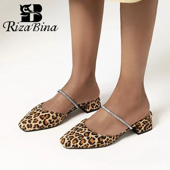 

RIZABINA Size 31-48 Fashion Women Sandals Shoes New Design Crystals Thick Heels Shoes Women Fancy Square Toe Slip On Footwear