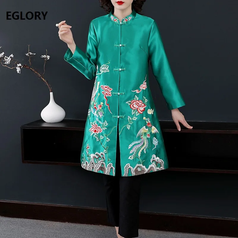 

High Quality Long Coat 2019 Autumn Trench Women Exquisite Embroidery Single Breasted Coat Outerwear Plus Size Overcoats Blue XXL
