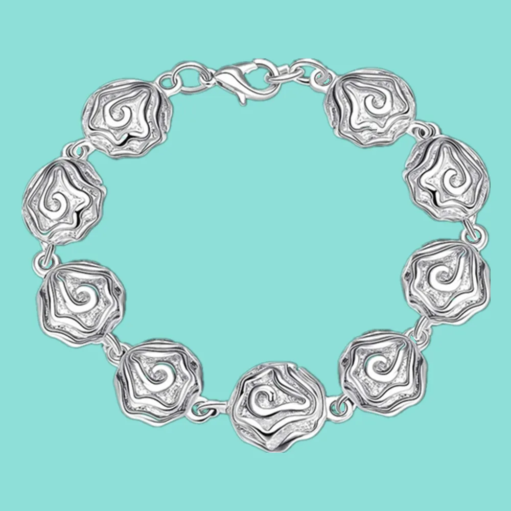 

925 Sterling Silver Fashion Rose Flower Bracelet For Women Charm Wedding Party Jewelry
