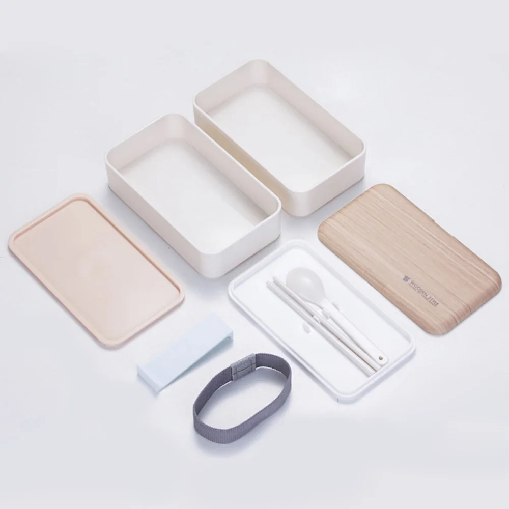 Многоразовый Ланч-бокс с держателем для школы, пикника, кемпинга, двухслойный деревянный