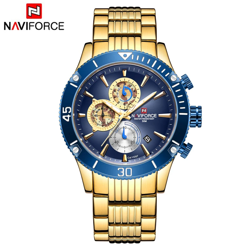 Top Luxury Brand NAVIFORCE Men Watch Fashion Silver Green Mens Quartz Watches Male Stainless Steel Sport Waterproof Wristwatches - Цвет: Gold Blue
