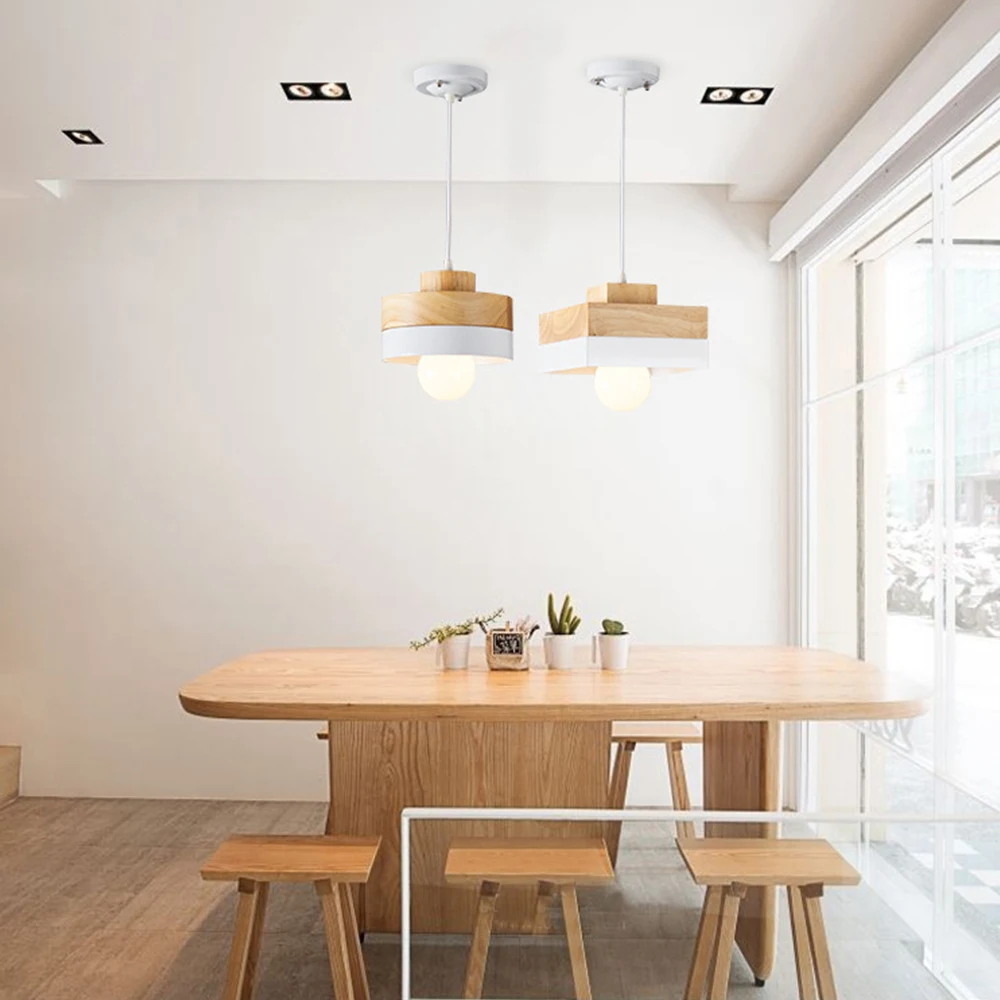 

Solid Wood Pendant Light Simple Modern Iron Loft Restaurant Dining Room Bedroom Nodic Square Hanging Lighting E27 Lamp Round