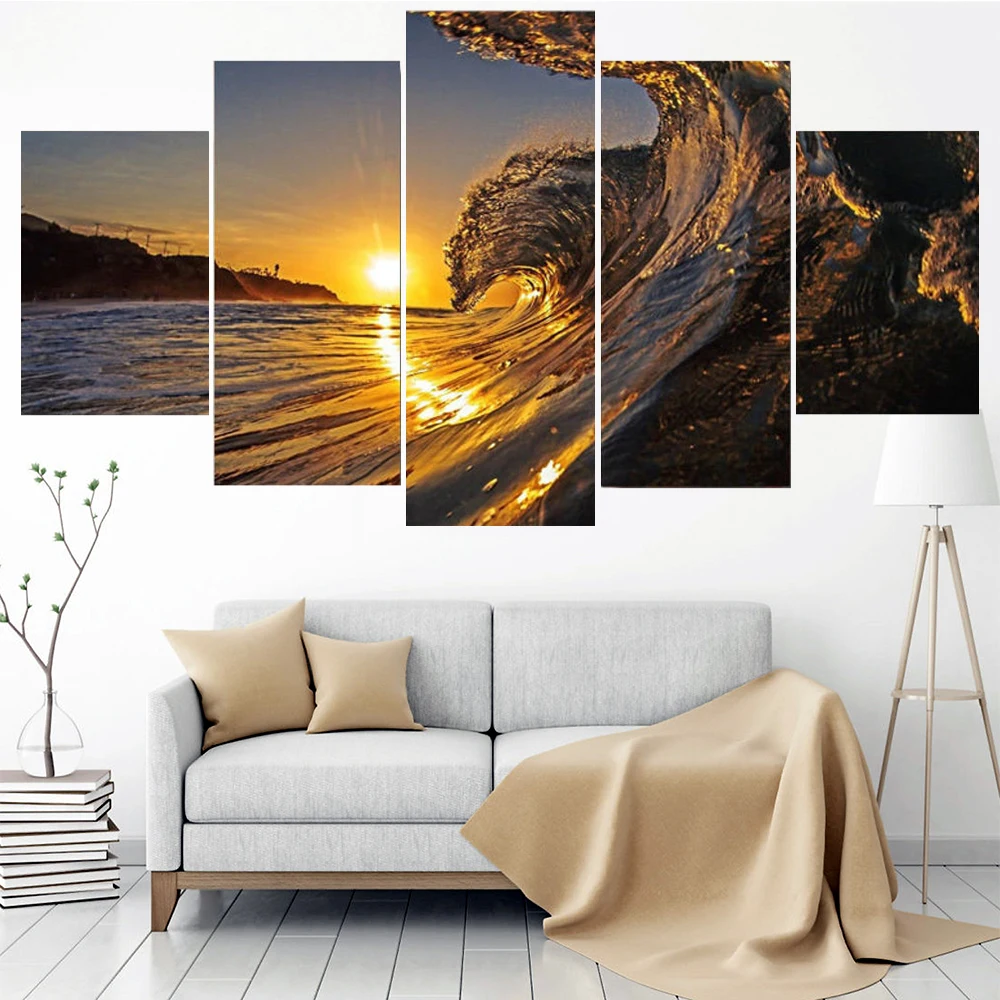 

5 Pieces Wall Art Canvas Painting Ocean Waves Sunset Seascape Poster Modern Home Decoration Living Room Framework Pictures