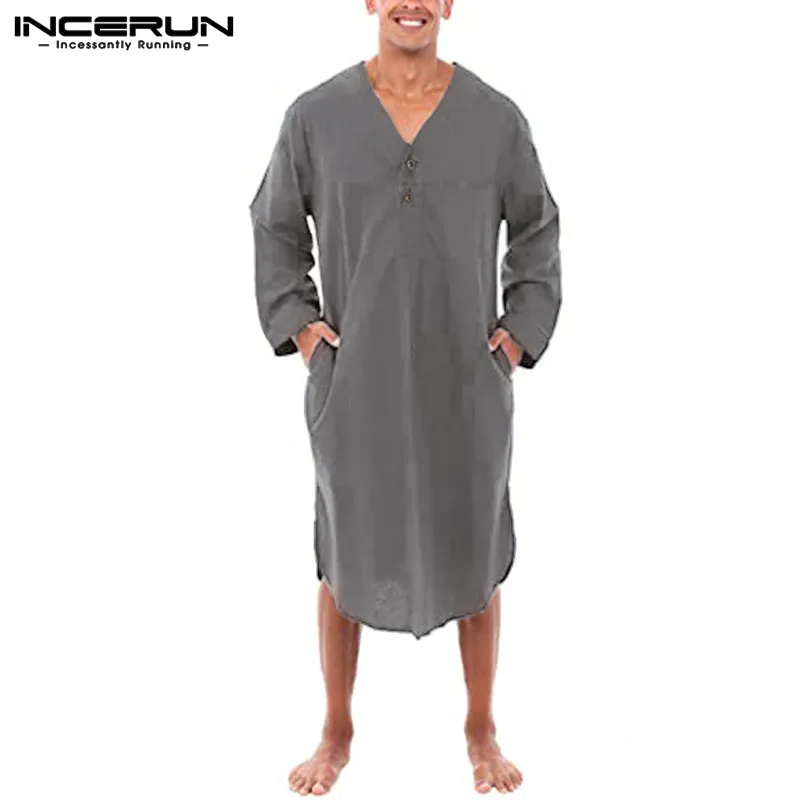 INCERUN Cotton Men Sleep Robes Homewear Solid V Neck Long Sleeve 2020 Nightgown Stylish Loose
