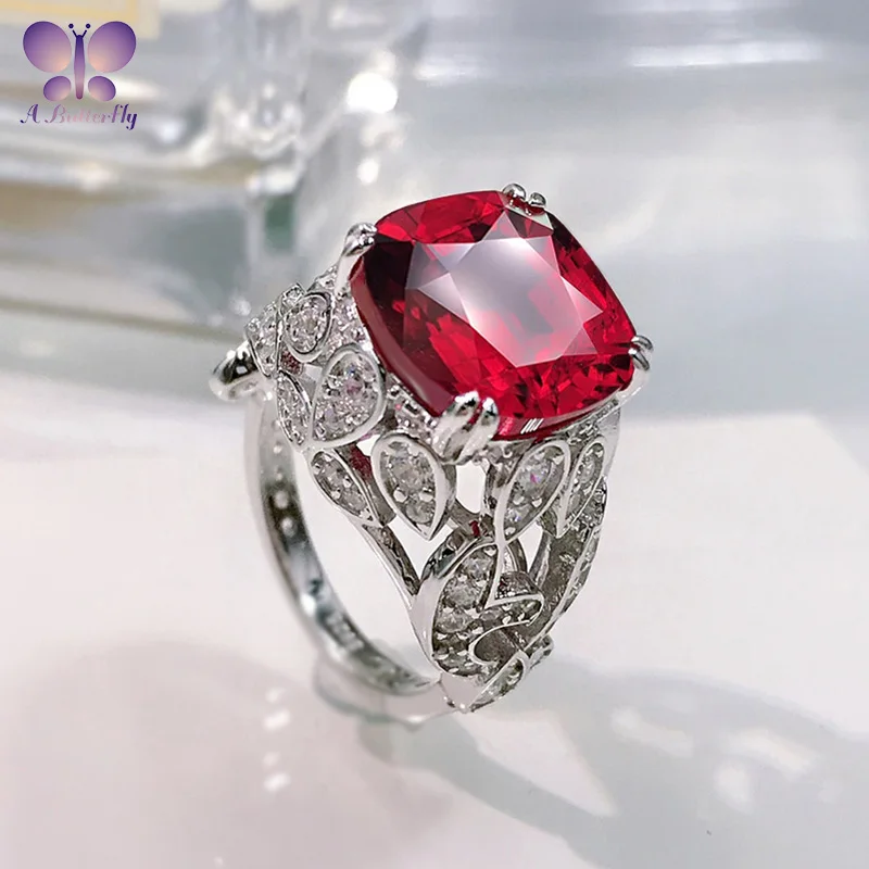 

100% 925 Sterling Silver Ring 12*12MM Cushion Cut High Carbon Simulation Ruby Luxury Female Ring