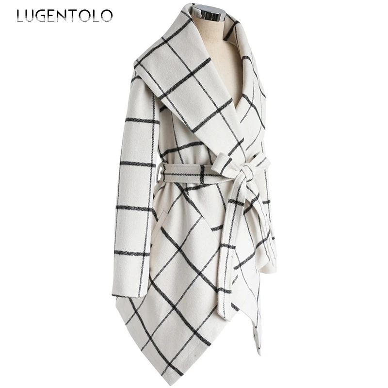Lugentolo, Женское шерстяное пальто, осень, зима, новинка, Регулируемая Талия, отложной воротник, длинный, в клетку, с длинным рукавом, повседневное, модное, Женское пальто