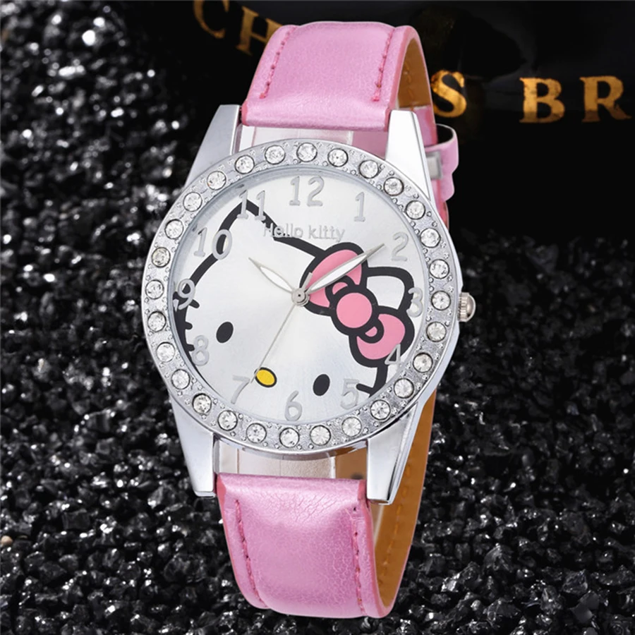 hello kitty девушка часы кожаный ремешок аналог кварцевые часы, модный платье часы relogio feminino - Цвет: Розовый
