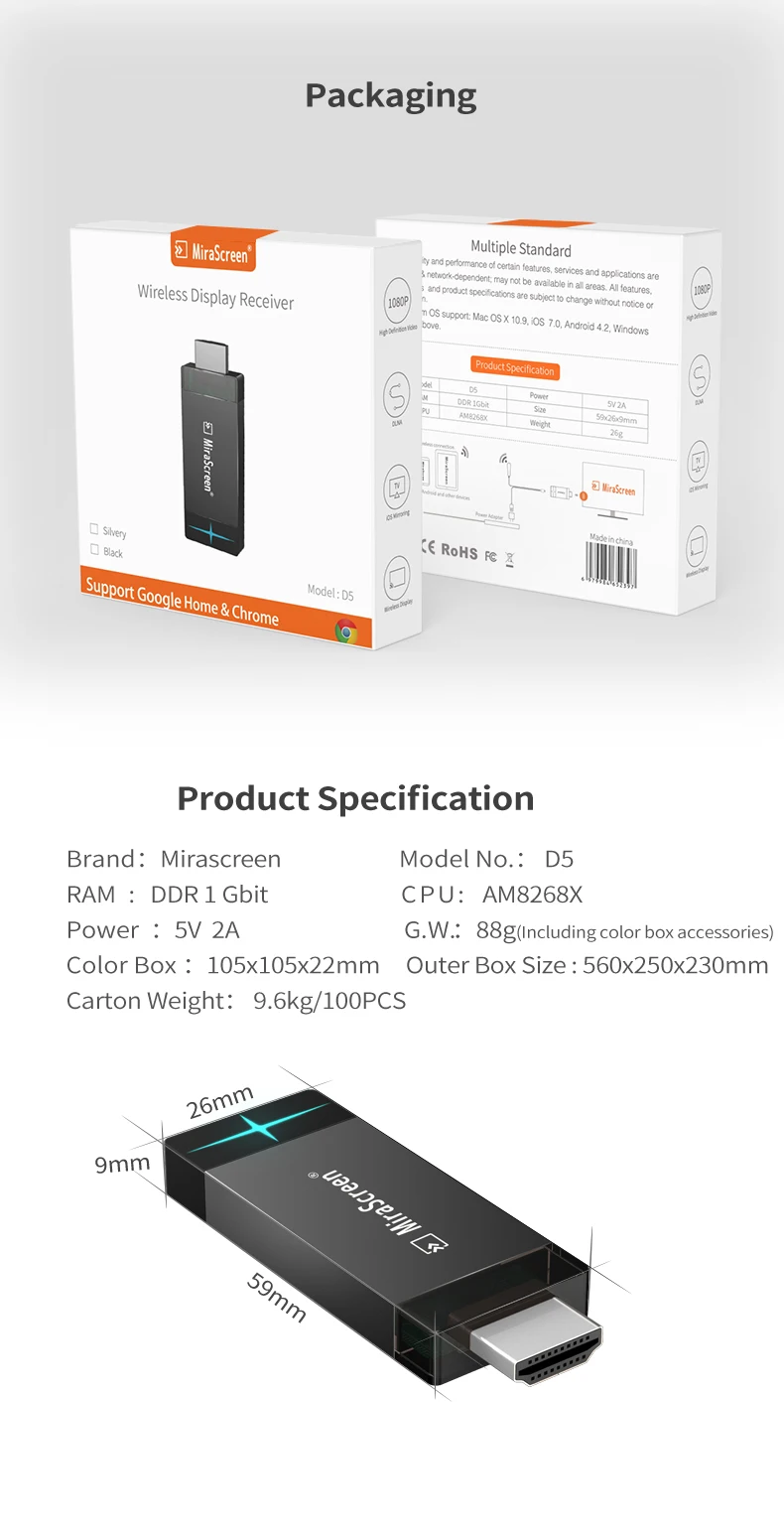 Mirascreen D5 Wifi 2,4G/5G Дисплей ТВ ключ 1080P Miracast Airplay отзеркаливание DLNA к Hdtv для телефона Ios Android Crome Cast