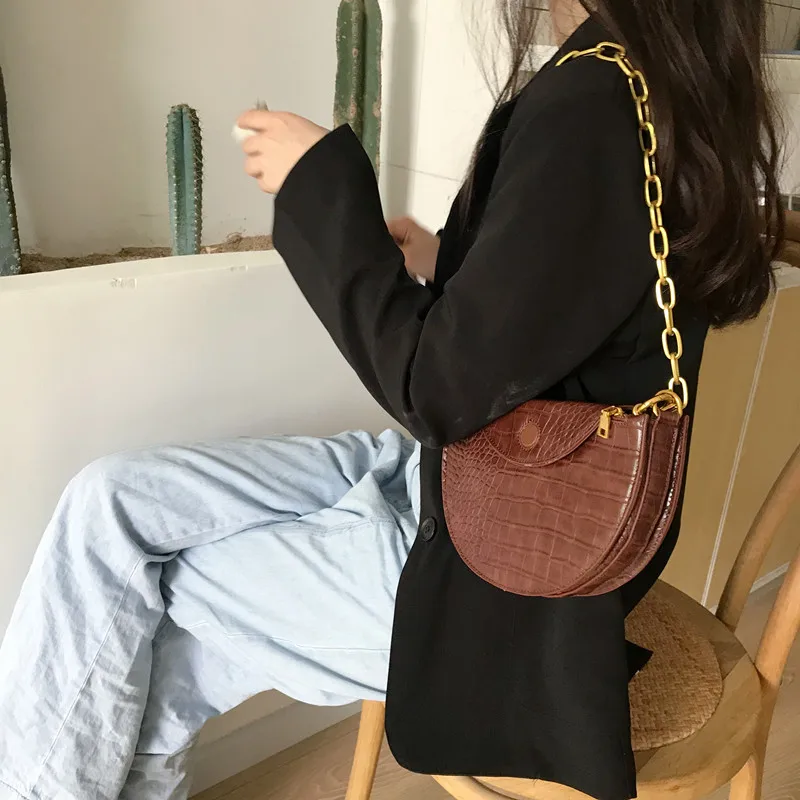Модная дамская сумочка из крокодиловой кожи полукруглые седельные сумки из искусственной кожи с круглым плечевым ремнем роскошные дизайнерские сумки на цепочке