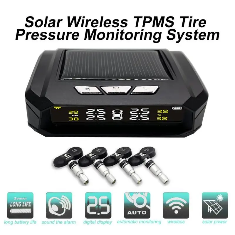 

AN-05 Solar Power Car TPMS LCD Tire Pressure Monitor Alarm System Wireless Transmission Color Screen Display with 4 Sensors