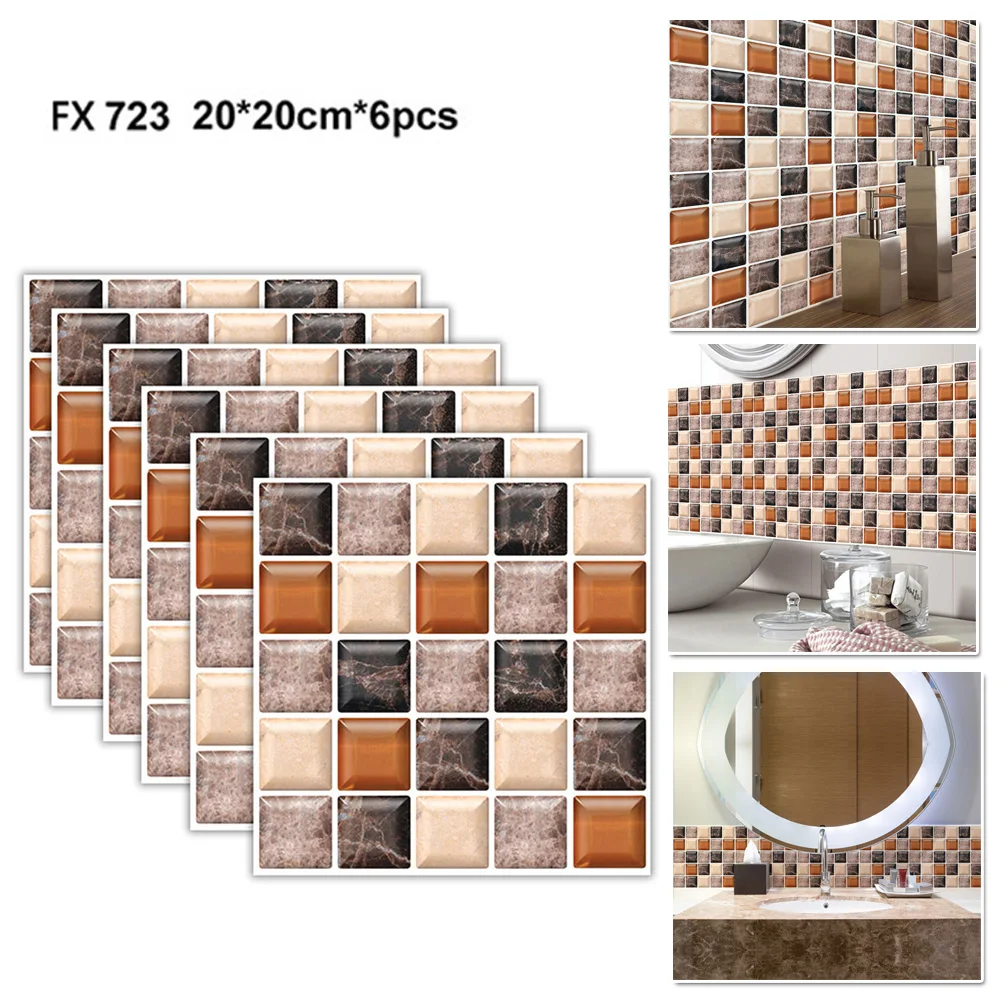 

6pc 3D Mosaic Wall Floor Tiles Waterproof Sticker Bathroom Bedroom Self-Adhesive Tile PVC Panel Floor Renovation Tile Stickers