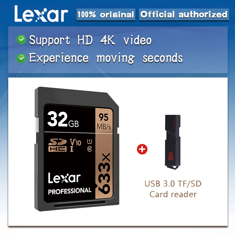 

Lexar SD Card 32G 64G 128G 256G SDHC SDXC UHS-I Class10 95M/S Memory Card 3D 4K for Digital SLR camera and 3D camera