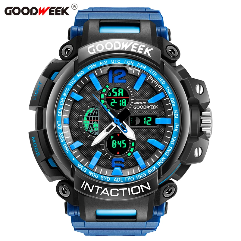 

GOODWEEK Luxury Outdoor Sports Watch Led Digital Quartz Watch Waterproof Multifunction Dual Dispaly Wrist Watches Reloj Hombre