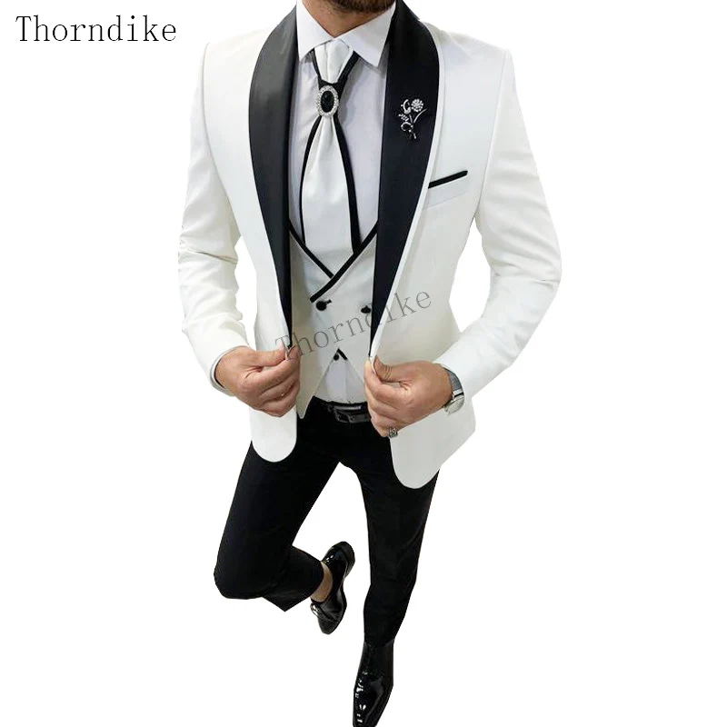 Thorndike White With Black Lapel Suits for Men Made Slim Groom 3 Piece Wedding Mens Suit (Jacket+Pants+Vest)