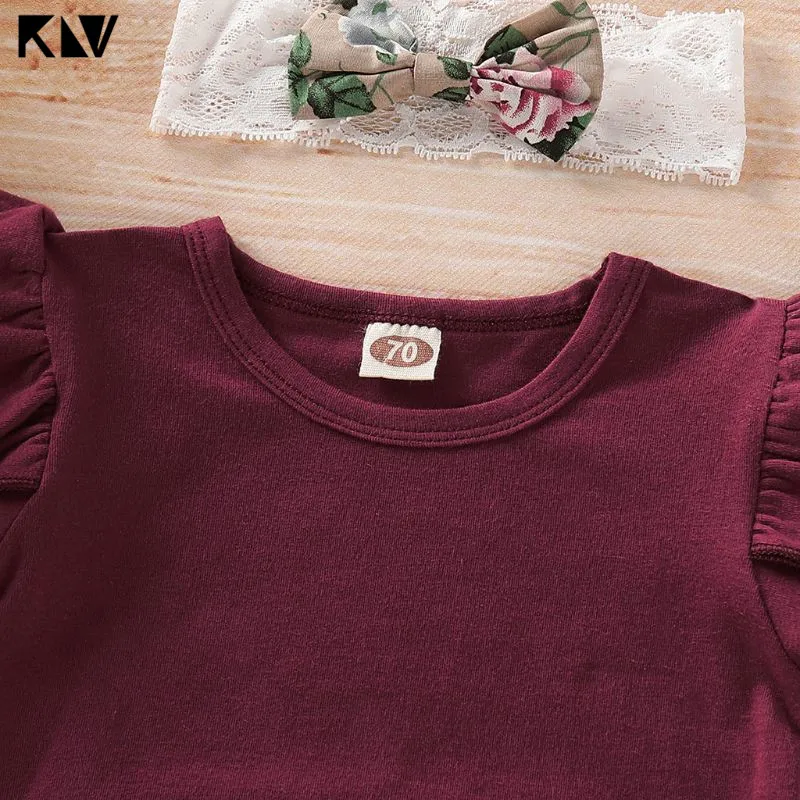 KLV/комплект из 3 предметов для новорожденных девочек детские комбинезоны для маленьких девочек юбка с короткими рукавами и цветочным рисунком повязка на голову Комбинезоны Комплекты одежды, костюм