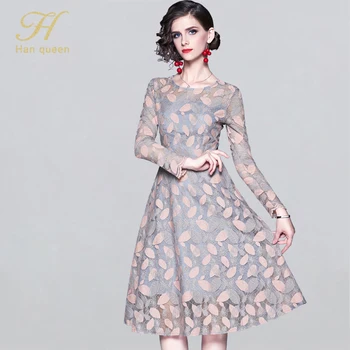 

H Han Queen New Lace Women Dress Slim Fashion O-neck Sexy Casual Office Party Dresses Ladies Long Sleeve A-line Vintage Vestido