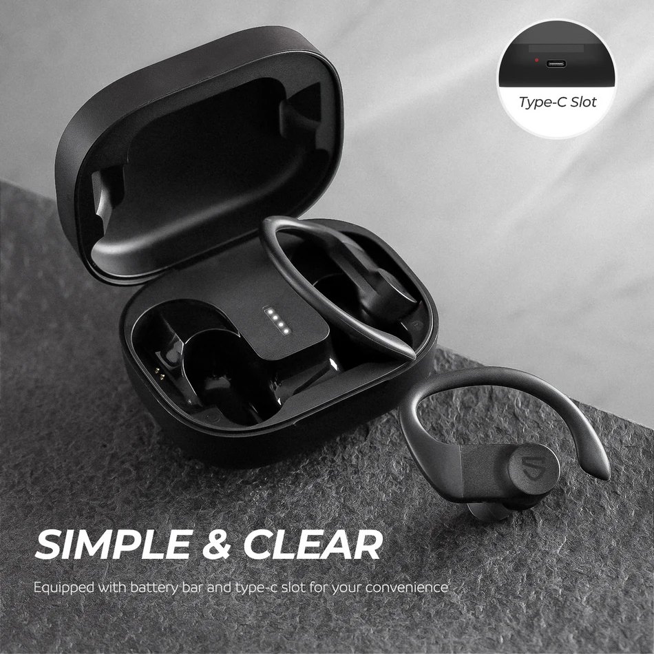 SOUNDPEATS True Wireless Earbuds Over-Ear Hooks Bluetooth Stereo Wireless Earphones 13.6mm Driver Touch Control IPX7 Waterproof