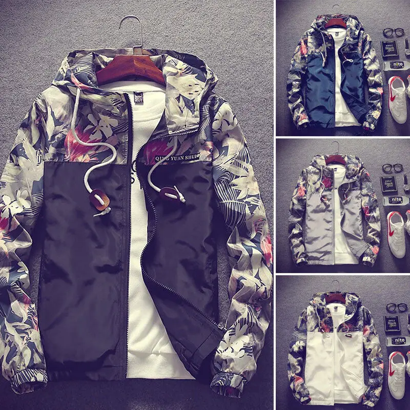 

New Men's Slim Collar Jackets Zipper Hooded Print Long Sleeve Jacket Tops Casual Coat Outerwear Hoodies Jacket