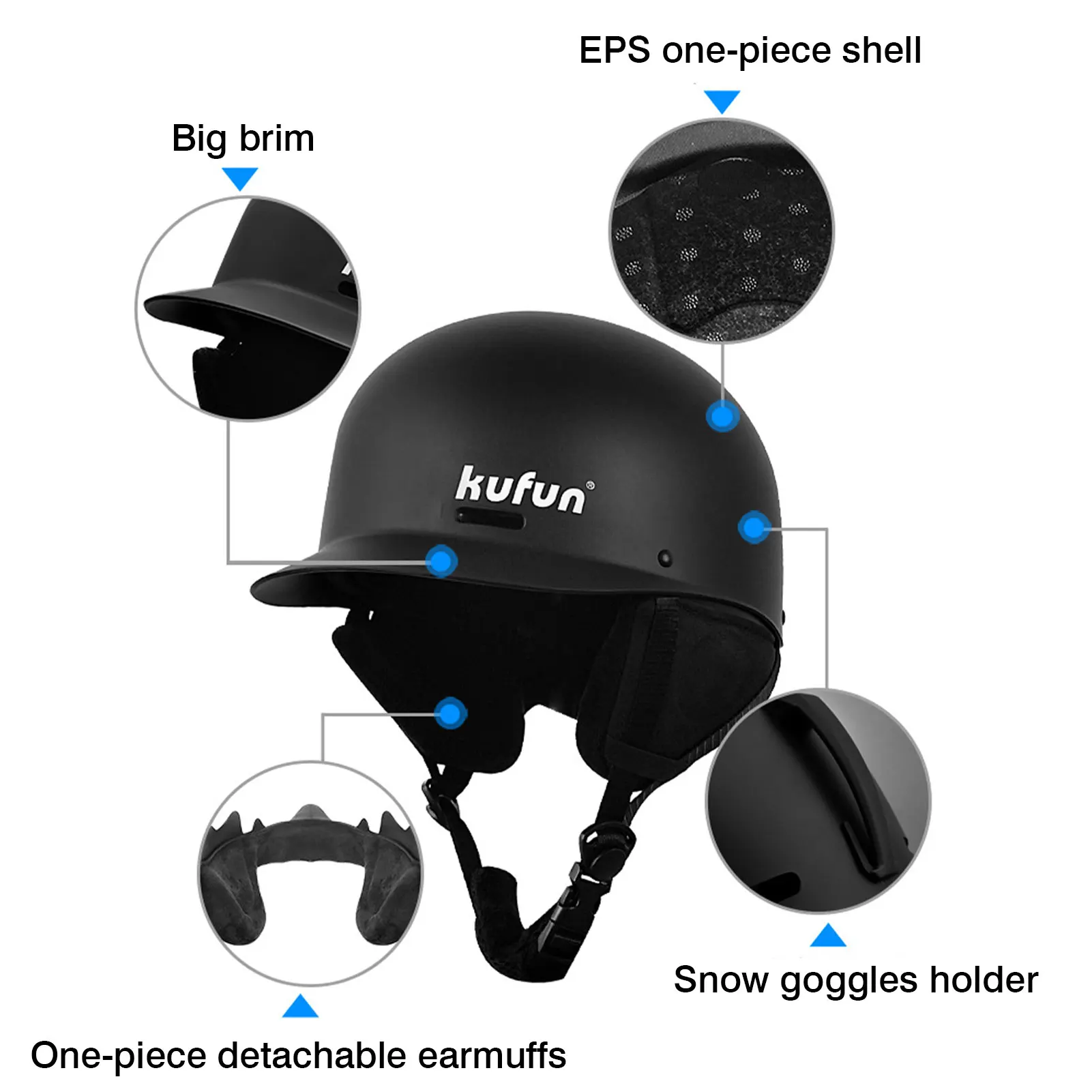Kufun Ski Helmet Snow Sports Snowboard Skiing Skateboard Skating Women Men Adult Winter Safety Children 55-61cm Black White