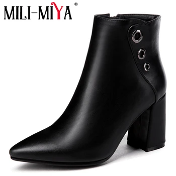 

MILI-MIYA fashion women boots PU leather/flock square heels motorcycle shoes spring/autumn waterproof plus size 34-43 handmade