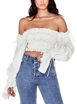 Long flare sleeve off-the-shoulder t-shirt short tops elegant ladies ruffles solid slim ruched clothing