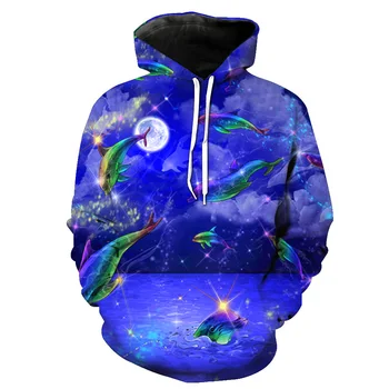 

Dolphin Print Hat Pocket Turtleneck Men's Tide Hat Men's Wear Printing Blouse hoodies