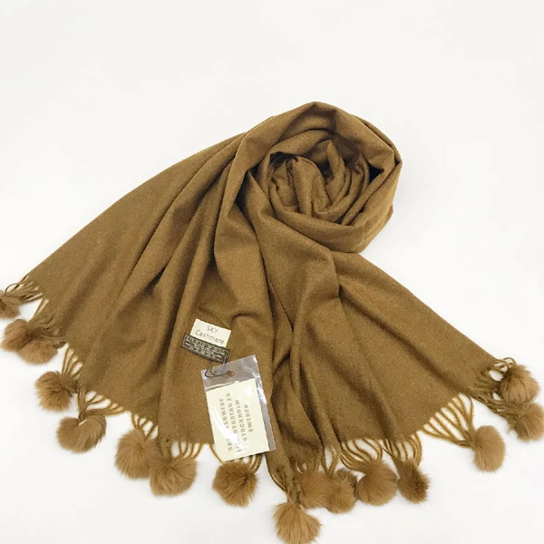 gold brown Роскошный брендовый однотонный кашемировый шарф Пашмина с кроличьим меховым шаром женское длинное одеяло шарф обертывание шерстяные шарфы шали и шарфы - Цвет: gold brown