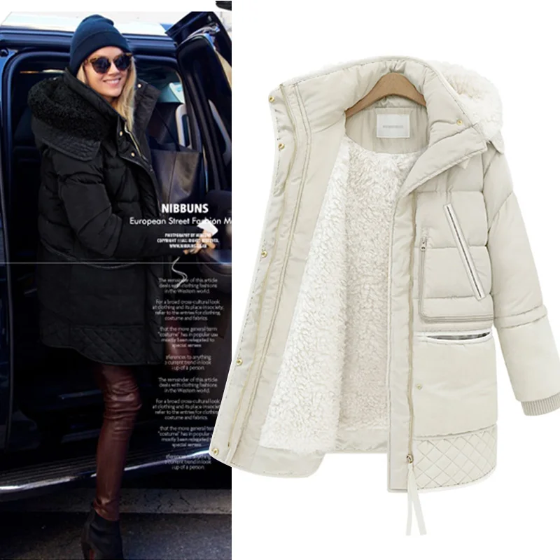 Зимняя теплая Женская куртка на молнии с капюшоном, флисовая подкладка, большой размер, повседневное пальто, верхняя одежда, парки, шикарное пальто из меха ягненка, Женское пальто