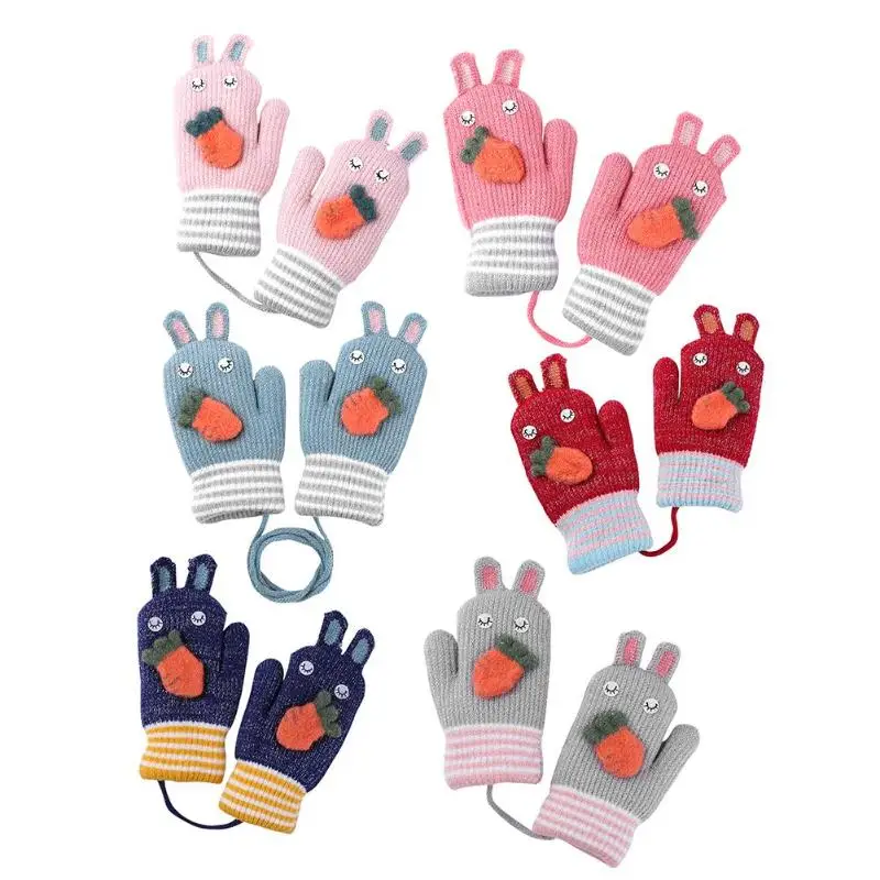 Зимние перчатки и варежки для новорожденных из 2 предметов, детские вязаные плотные теплые перчатки с ушками для мальчиков и девочек, милые перчатки с ушками для защиты рук