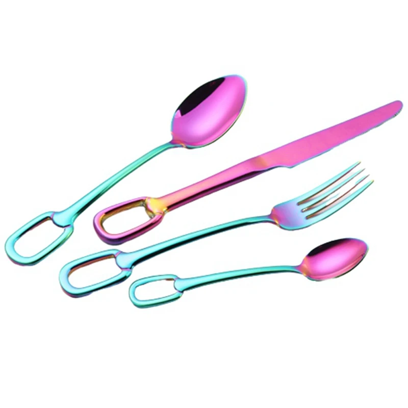 colorful 4Pcs/Set Stainless Steel Portable Cutlery Set Tableware Silverware Sets Dinner Knife and Fork Dinner Set Travel Dinnerware - Color: colorful