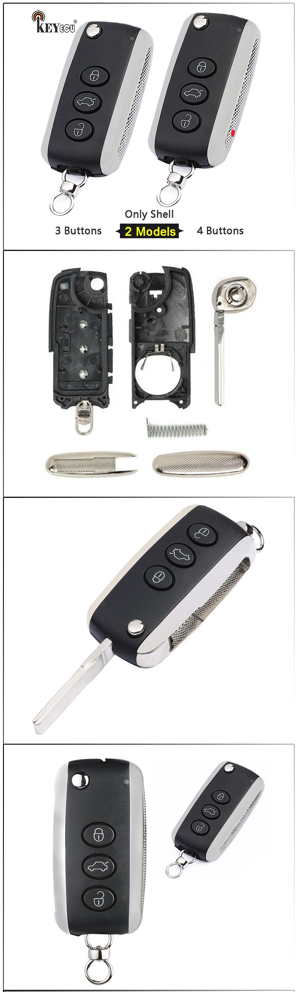 Keyforkess sostituzione Flip Keyless Remote Car Key Shell Case 3 4 pulsanti per Bentley Continental GT GTC Flying Spur 2006-2016 - Hdd3559cc56434bf5a5f857eb7699c8026