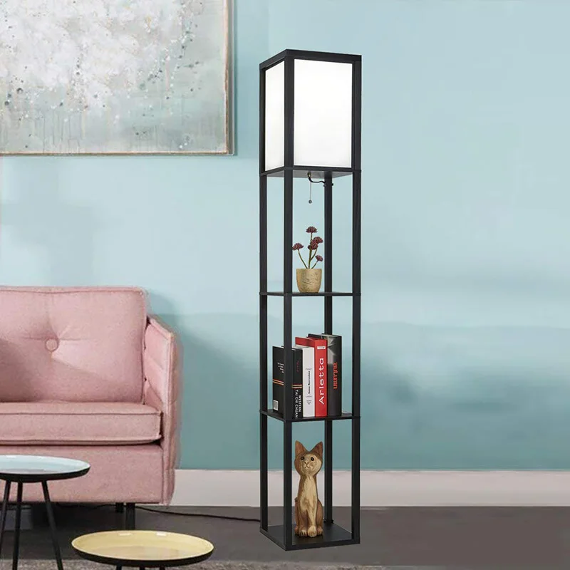 LED Shelf Floor Lamp Wooden Frame Tall Light with Organizer Storage Display Shelves-Modern Standing Lamp for Living Room Bedroom
