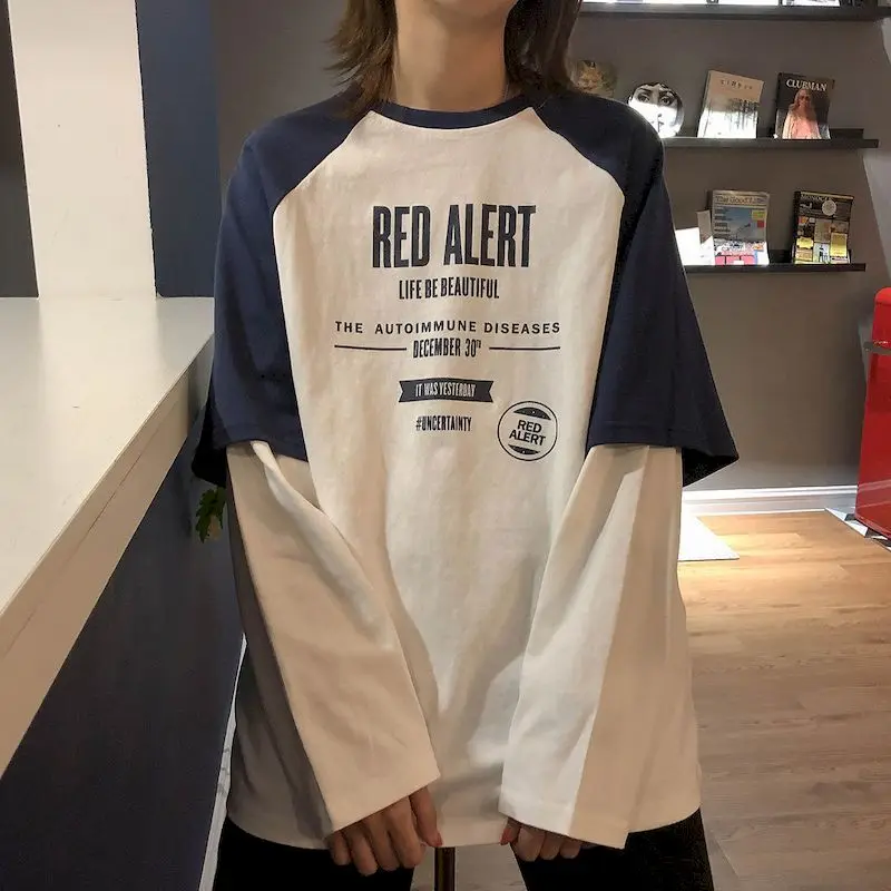 Camiseta de manga larga de dos piezas falsas para mujer, Tops de mujer, blusa holgada informal coreana, moda Ins Tide mujer 2021