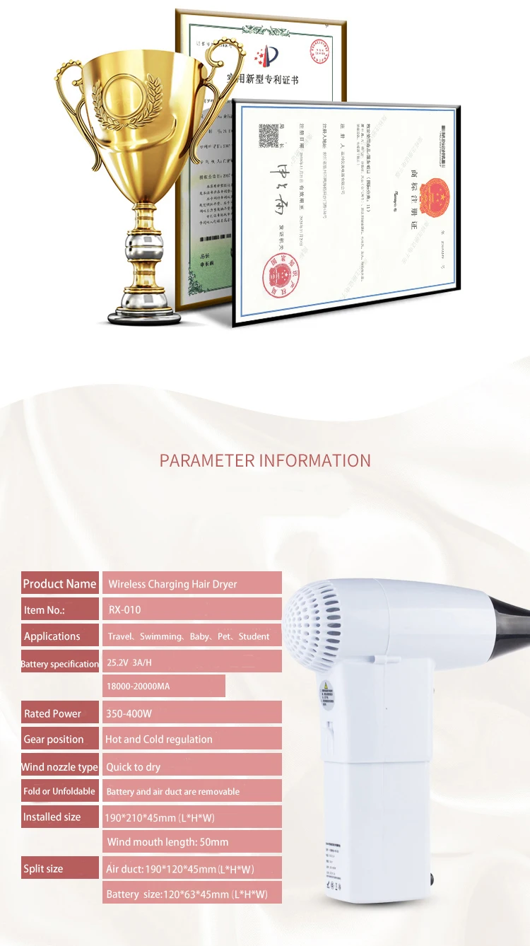 Personal Care Wireless Charging Hair Dryer Hot and Cold Blower Home Hotel Art Outdoor Equipment