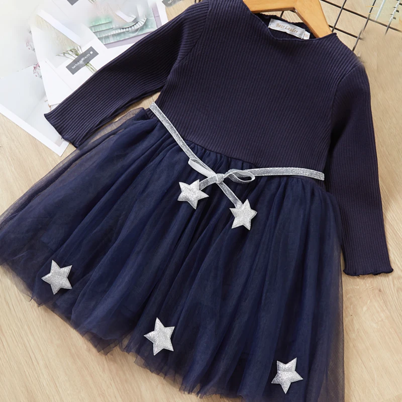 Menoea/Вечерние платья г. Осенние платья для маленьких девочек Сетчатое платье Dotes от 2 до 7 лет модное платье с длинными рукавами для маленьких девочек - Цвет: AZ1490 Navy Blue