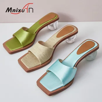 

Fashion designer women slides summer shoes 2020 new peep toe silk transparent clear middle heels slipper sandals blue size 33 40