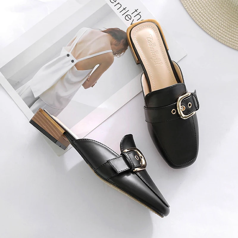 

Shoes Woman Leather Chunky Heels Mules Closed Toe Buckle Slippers Casual Slides Plus Size Designer Sandalias Mujer Black Apricot