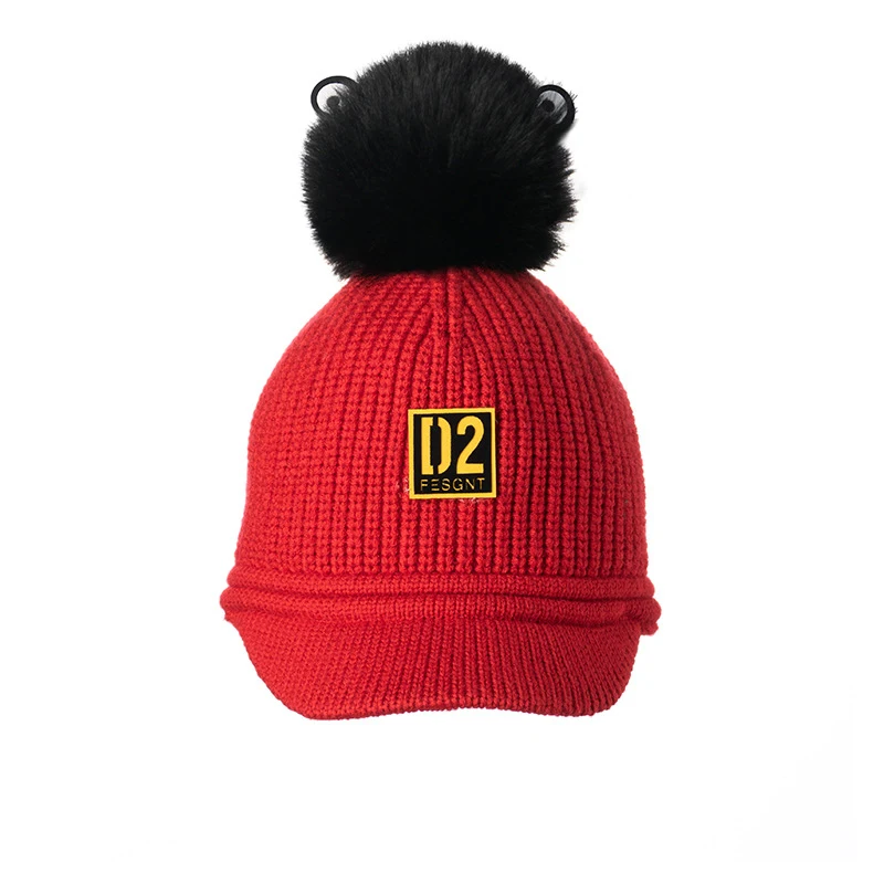 Детские шапки из искусственного меха с помпонами, вязаные шапки из основной шерсти, регулируемая шапка-чалма, мягкие однотонные шапки для детей, шапки для мальчиков и девочек на осень и зиму - Цвет: Красный