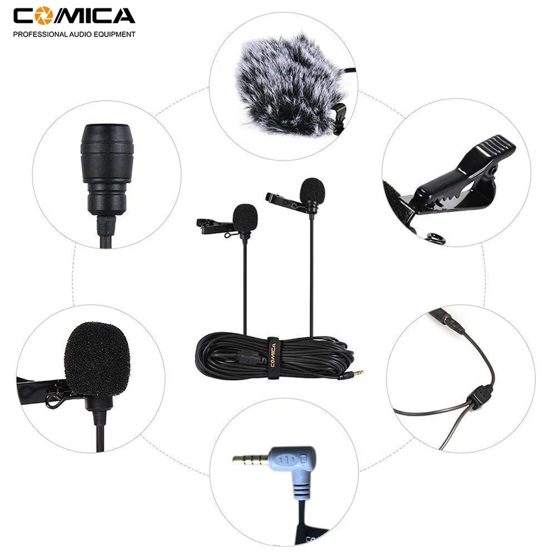 Comica CVM-D02B петличный микрофон с двумя головками для Canon Nikon sony A7 A6300 камера/для Iphone 6 6plus смартфон/для G