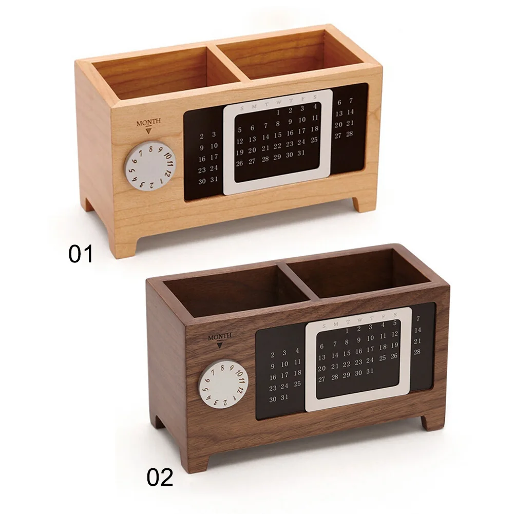 Wooden Pen Pencil Holder With Calendar Desk Organizers Two Grids Table Ornaments