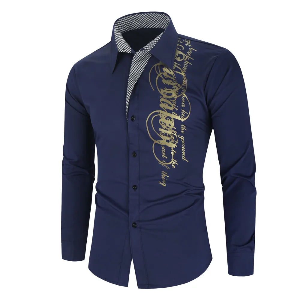 Navy Blue Роскошный золотистый и черный рубашка Для мужчин Slim Fit с длинными рукавами Camisa Masculina золотистый и черный Сорочка мужская, для общественных мест Для мужчин клуб нарядная рубашка - Цвет: Navy Blue