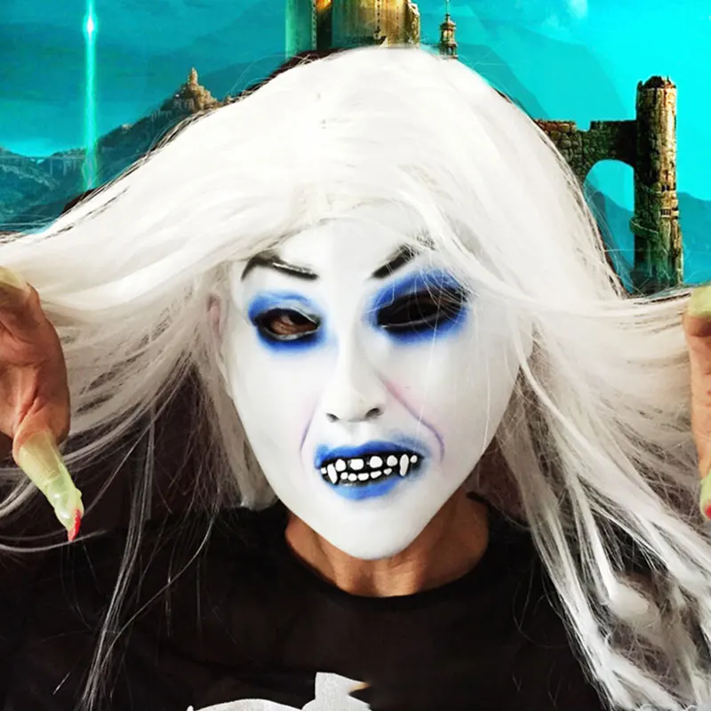 

Horror Mask Halloween White Women Girl Pullover Scary Party Cosplay Costume White-haired Witch Mask Props