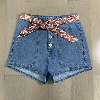 

2020 Women's Blue High Waist Short Jeans New Spring Summer Casual Female Denim Shorts With Flower Print Sashes