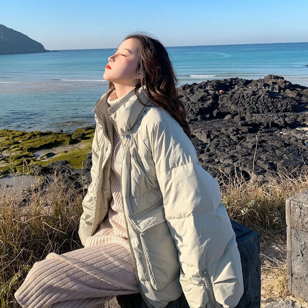 

Photo Shoot CHIC Sense of Design Short-height Light Green Drawstring hua bao ling Large Pocket down Coat Cotton-padded Clothes S