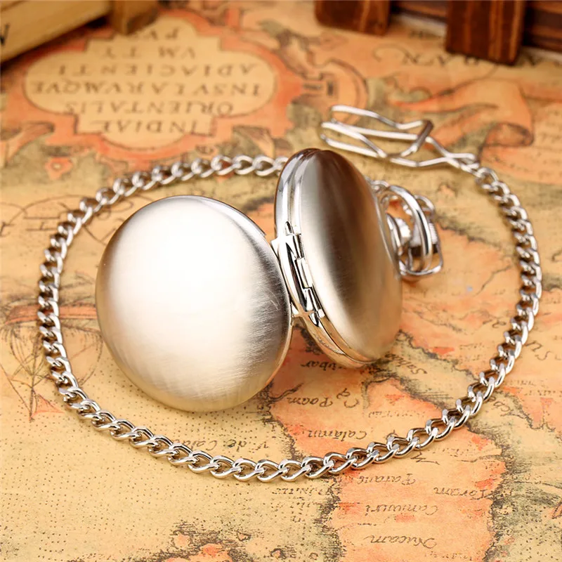 Silver Pocket Watch Smooth  Double Open Hunter Unisex Hand-winding Mechanical Pendant Watches Roman Number FOB Chain Gift