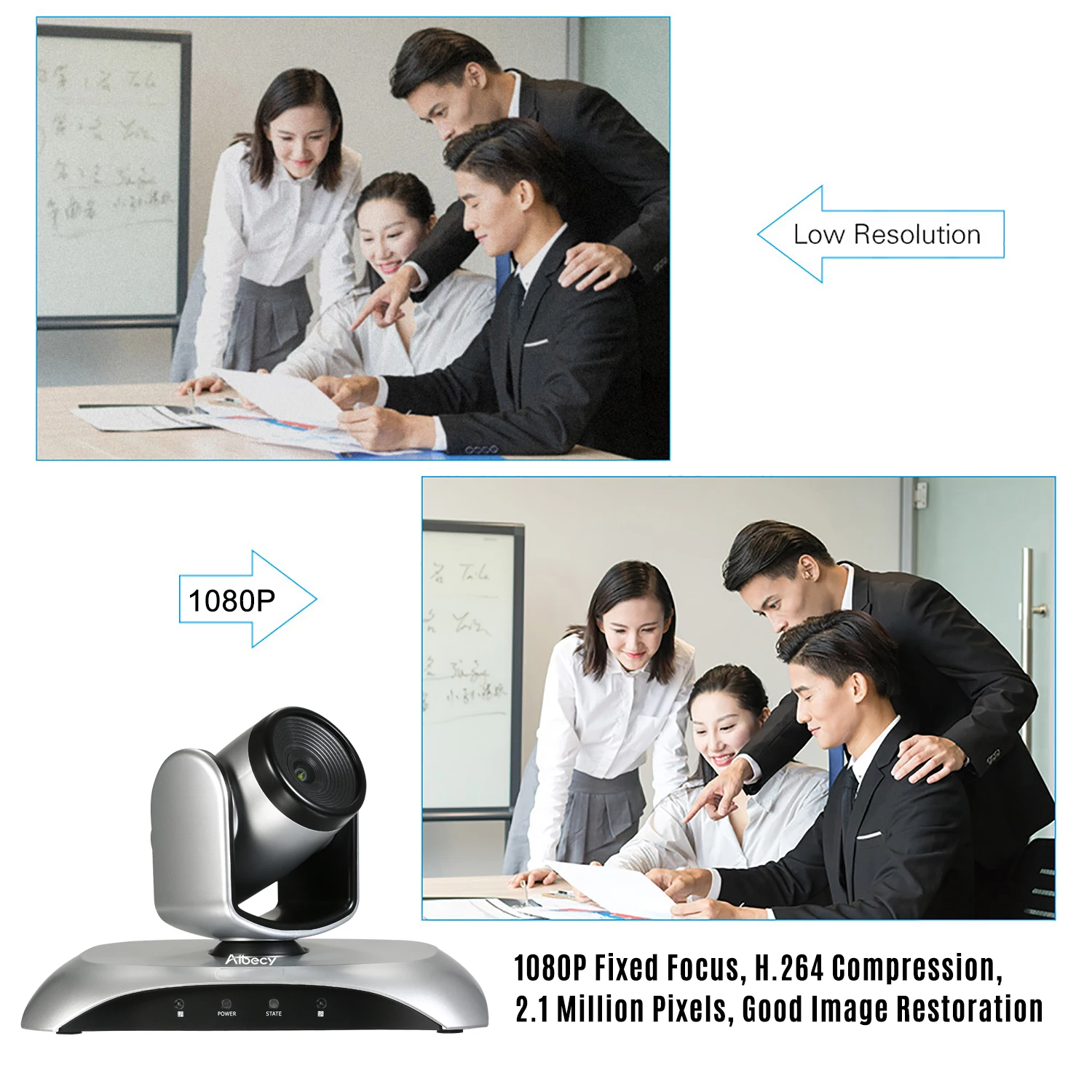 1080P Video Conference Camera Fixed Focus Wide Angle Webcam Supported H.264 Hard Compression 355&deg; Rotation with Remote Control