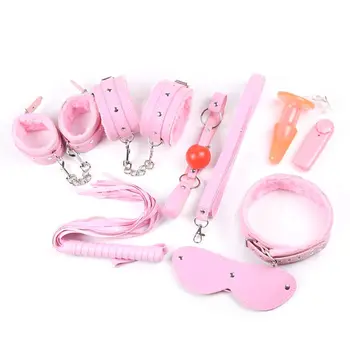 

1 Set Cosplay Tied Bondage Set Handcuffs Whip Eyemask Mouth Butt Plug Tempo Ankle Bracelet Kit Couples Game Toy