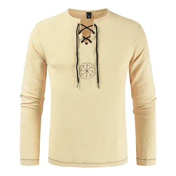 

Men's linen solid shirts long sleeve cotton black white shirts Autumn V neck male top blouse tee tops warm shirts XL Plus size